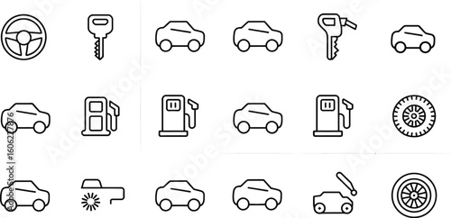 Car Service Icons Steering Wheel, Key, Car, Gas Station, Wheel Icons, Outline Style