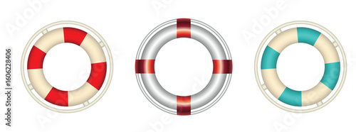 Three lifebuoy rings are depicted, each with distinct color patterns. 