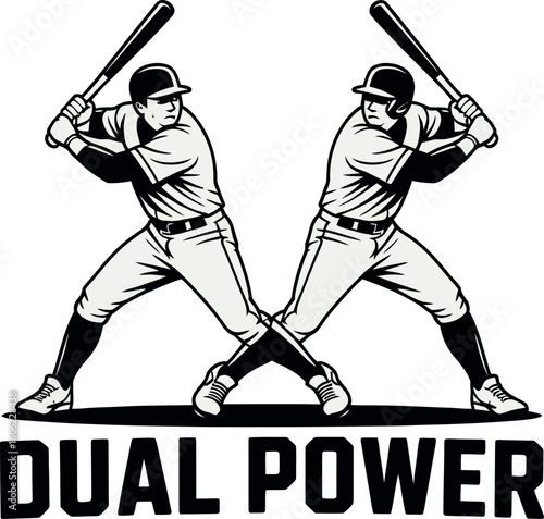 Two baseball players swinging bats dual power silhouette