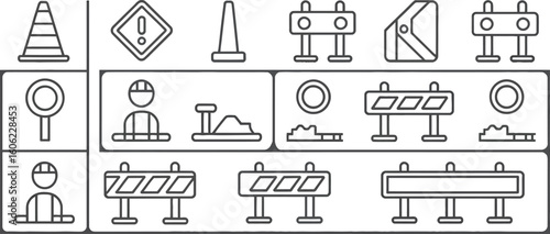 Construction Outline Icon Set with Cones, Barriers, Sign and Worker with Transparent background