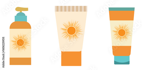 Sunscreen Cream Icon Set Flat Design. summer skincare elements