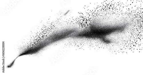 A black spray paint effect with scattered dots on a clean white background