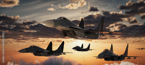 Fotografie Military Fighter Jets in Formation Flight