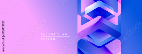 Abstract gradient background. Purple, blue hues blend smoothly. Geometric shapes overlap creating dynamic visual effect. Modern design element.