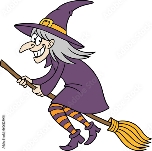 cartoon witch with long white hair flying on a magic broomstick. Halloween character vector illustration isolated on white background.