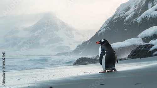 Gentoo penguin walking alone on sandy shoreline with ocean waves in background, depicting antarctic wildlife behavior in natural coastal habitat during summer season




