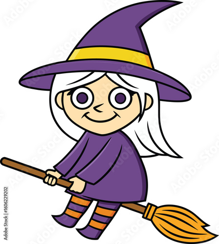cartoon witch with long white hair flying on a magic broomstick. Halloween character vector illustration isolated on white background.