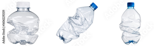 Set Crumpled plastic bottle with colorful label partially torn, isolated on transparent background PNG