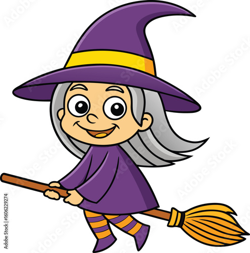cartoon witch with long white hair flying on a magic broomstick. Halloween character vector illustration isolated on white background.