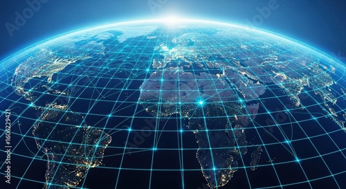 Communication technology for internet business. Digital globe with grid lines and bright light at the horizon.