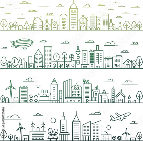 Green Cityscape Outlines Wind Turbines, Airplane, Buildings, Trees Line Art on White