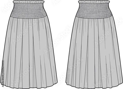 Women’s smocked waist skirt, long flowy design, elastic gathered waist, casual summer style, front and back views, vector CAD technical drawing, flat fashion illustration