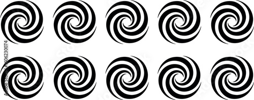 Ten black and white spiral fingerprint silhouettes