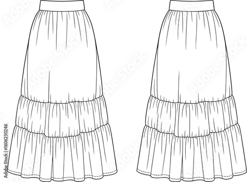 Women’s tiered skirt design, elastic waistband, gathered fabric, long flowing skirt, casual summer fashion, front and back views, vector CAD technical drawing, flat fashion illustration