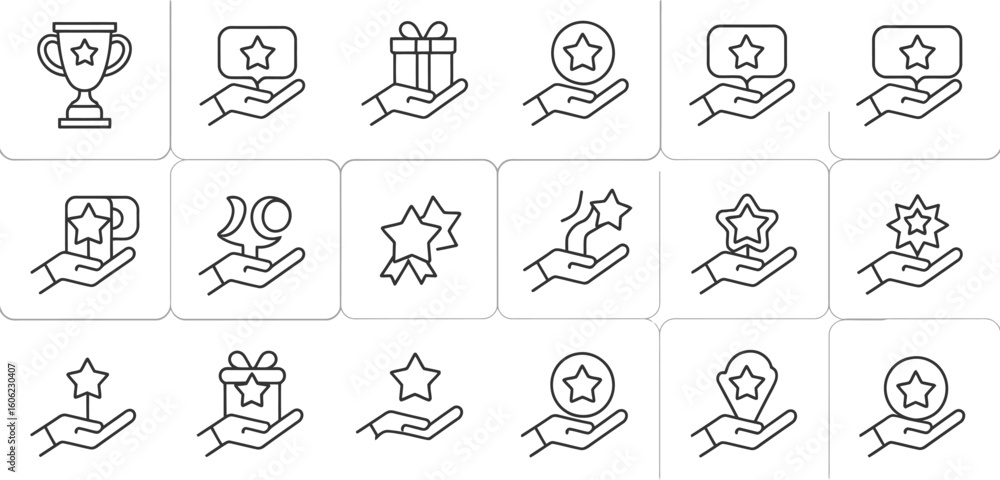 Fototapeta premium Line Art Icons Trophy, Hands, Stars, Moon, Gift Box on Transparent Background