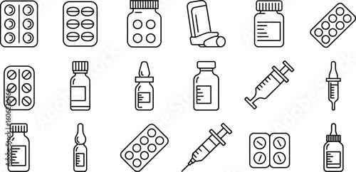 Line art of Medical Supplies, Outline of Medicine Bottles, Syringes, and Pill Packs Icons