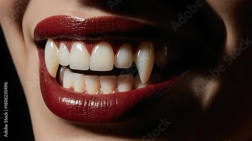 Close-up of a woman's mouth with dark red lipstick and prominent vampire fangs