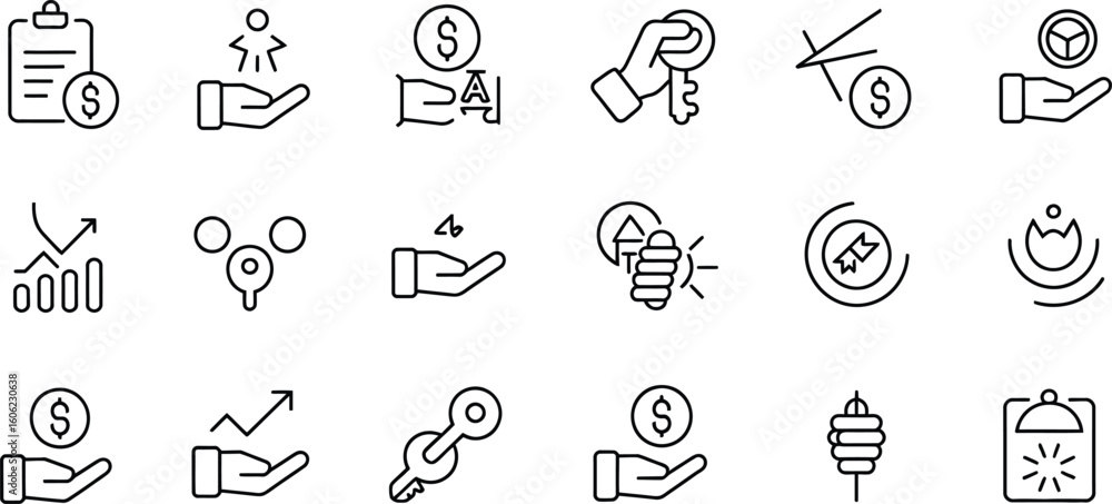 Fototapeta premium Line Icons Set Business, Money, Hand, Graph, Investment, Success, Finance, Light, Key