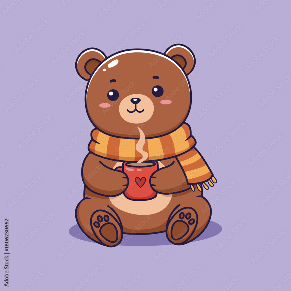Obraz premium Cute Bear with Coffee, Warm Scarf in Cozy Ambiance. vector illustration