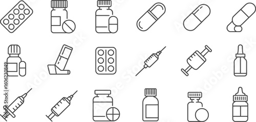 Medication Line Icons Pills, Capsules, Syringes, Blister Pack on Transparent Background