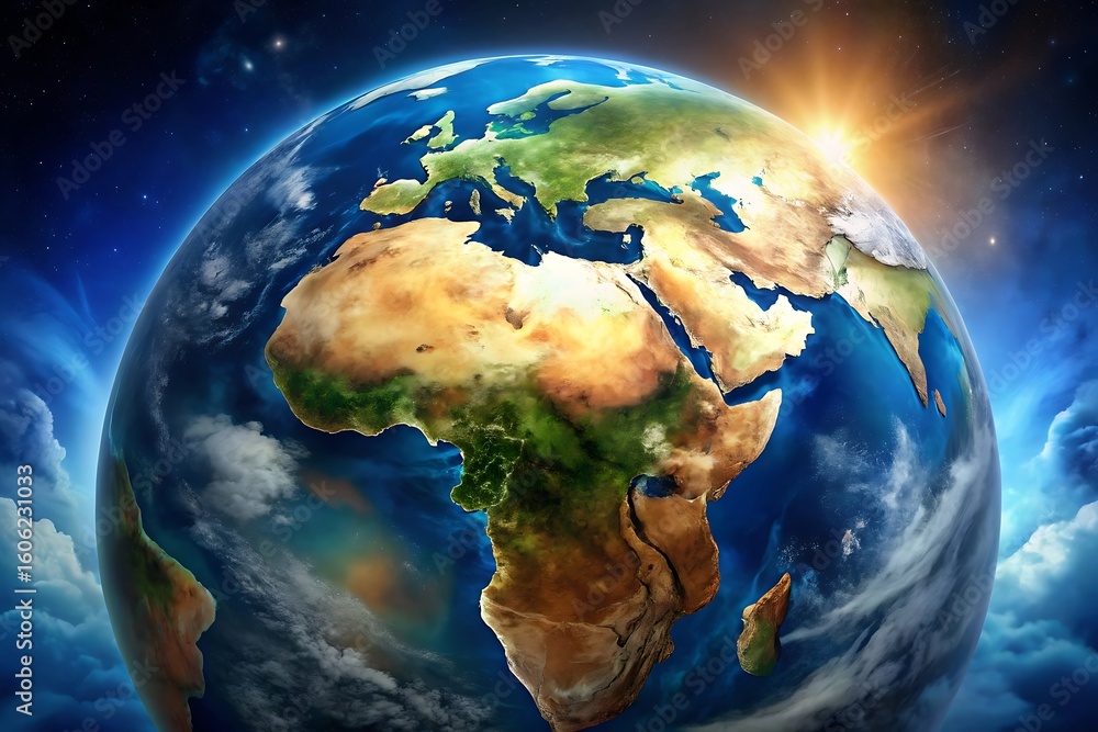 Fototapeta premium Earth from Space with Sun Rising over Asia and Europe
