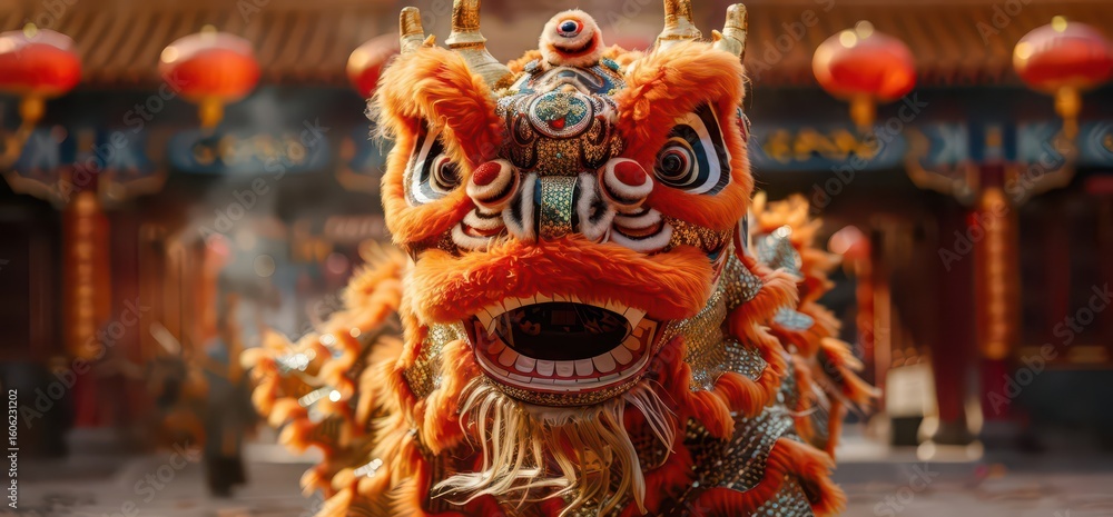 Fototapeta premium A vibrant lion dance performance with an ornate costume in a festive setting.