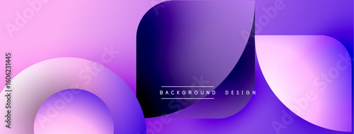 Abstract background features overlapping shapes, gradients. Purple, pink hues dominate composition. Minimalist design, modern aesthetic.