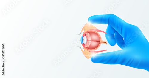 Doctor's hand in blue gloves holding eyeball. Shows human organ model close up on white background with blank space for your text. Medical health care analyzes. Vector realistic images.
