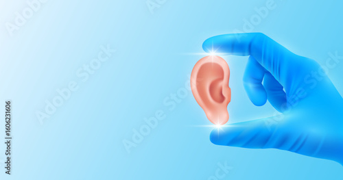 Doctor's hand in blue gloves holding ear. Shows human organ model close up on white background with blank space for your text. Medical health care analyzes. Vector realistic images.