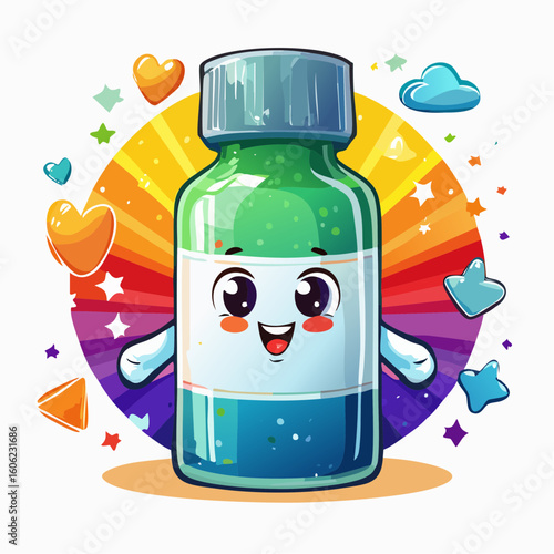 Vector illustration of a medicine bottle in the shape of a cartoon character, with bright colors and playful fonts. The bottle should be vibrant