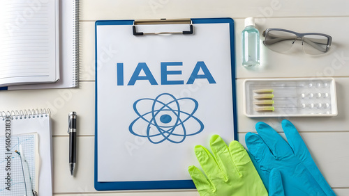 Clipboard with IAEA symbol, safety gloves, sanitizer and radiation dosimeters on table top surface