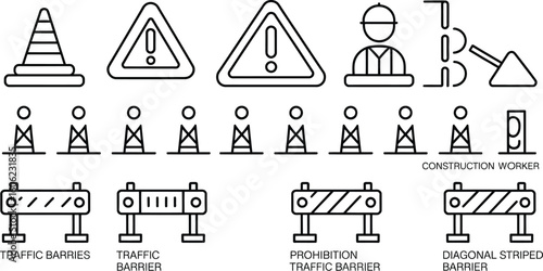 Outline Traffic Signs and Barriers Set, Black Line Cone, Worker on Transparent Background