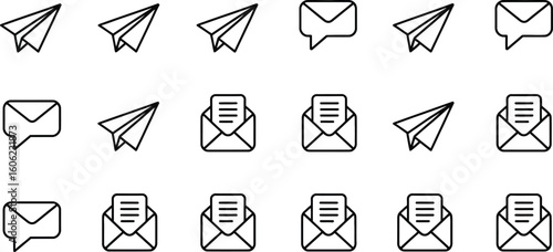 Paper Planes and Message Icons Outline Set on Transparent Background, Mail Symbols