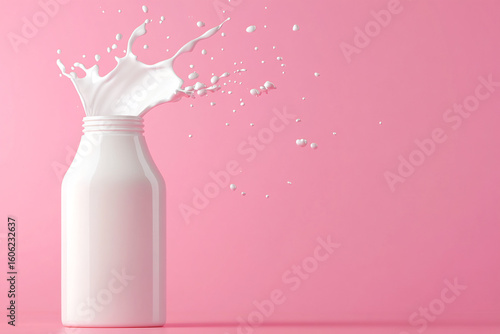 Milk Splash from White Bottle on Pink Background
