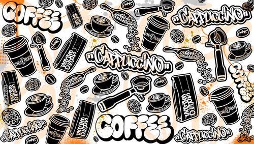 Coffee art graffiti background illustration. Coffee icons with spray paint graffiti elements