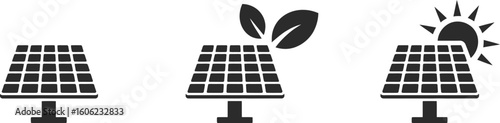 Solar Panel Icon Set with Leaves and Sun Symbol on Transparent Background