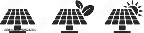Solar Panel Icons with Sun and Leaves on White Transparent Background