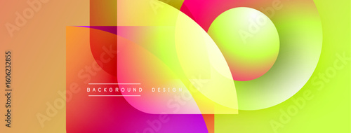 Vibrant abstract shapes overlap, creating colorful gradients. Modern design feels energetic, dynamic, visually appealing.