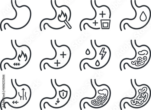 Stomach Digestive Organ Set with Fire, Shield, Arrows and Food in Outline Style