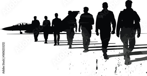 Silhouette of fighter pilots walking on runway, military jet aircraft background, air force crew teamwork, aviation mission, patriotic defense, courage