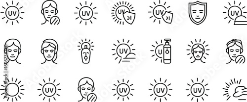 UV Protection Icons, Facial Skincare, Sun, Moisturizer, Shield, Line Art, Transparent