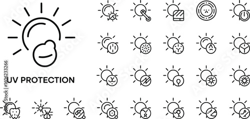 UV Protection Outline Icons with Sun, Rays and Symbol Variations on Transparent Background