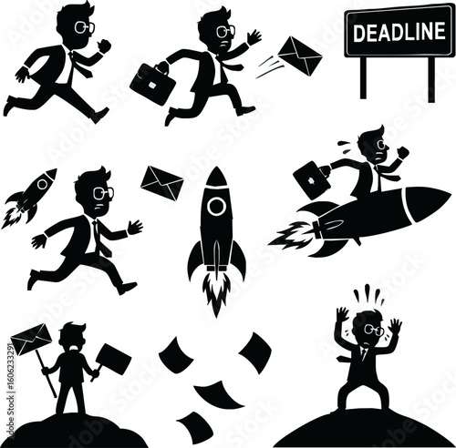 Collection of black silhouettes depicting a businessman in a hurry to meet deadlines and manage tasks.