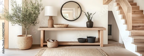 Entryway console table with modern console table decor, stylish console table arrangement for minimalist home, elegant console table design with natural wood