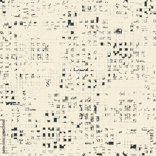 Seamless pattern with crosswords and fragments, elements of handwritten text Lorem Ipsum. Abstract texture. Fabric, wallpaper, wrapping paper, tile. Book page, magazine. Endpaper. No AI.