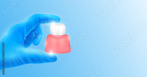 Doctor's hand in blue gloves holding gum tooth. Shows human organ model close up on white background with blank space for your text. Medical health care analyzes. Vector realistic images.