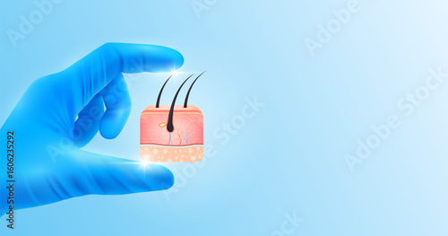 Doctor's hand in blue gloves holding hair skin cell. Shows human organ model close up on white background with blank space for your text. Medical health care analyzes. Vector realistic images.