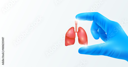 Doctor's hand in blue gloves holding lung Shows human organ model close up on white background with blank space for your text. Medical health care analyzes. Vector realistic images.