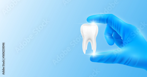 Doctor's hand in blue gloves holding tooth. Shows human organ model close up on white background with blank space for your text. Medical health care analyzes. Vector realistic images.