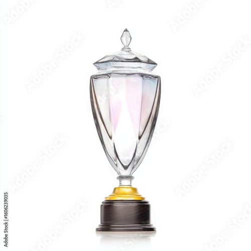 Elegant Crystal Trophy with Faceted Urn Shape and Gold Wooden Base Standing Proud
